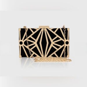 NWT Cariedo Black Velvet and Gold Geometric Art Deco Clutch Purse